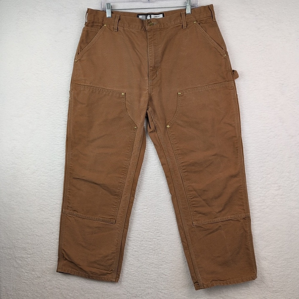Carhartt Double Knee Pants Mens 38x28 Brown Loose Duck Canvas Utility Work B01-M